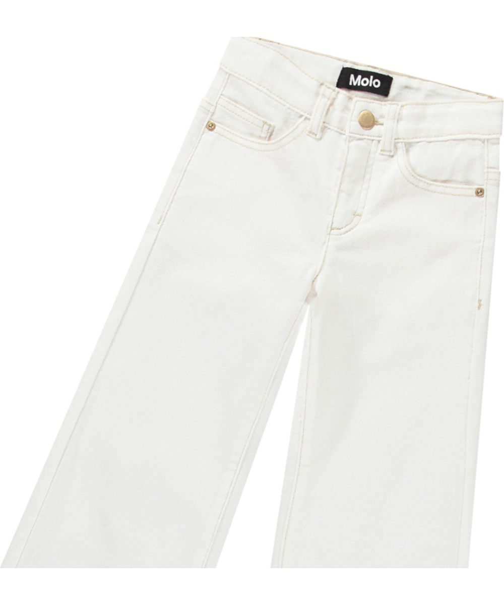 Asta - Crisp White - White jeans with brown stitching for children.