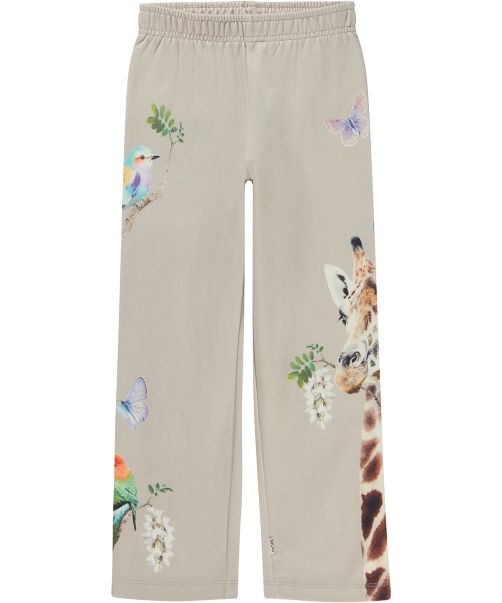 Aurita - Under The Trees - Grey organic jogging trousers with straight legs and print on the sides 