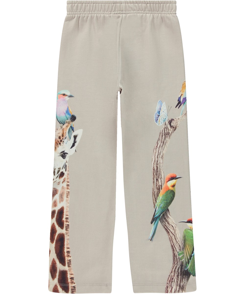Aurita - Under The Trees - Grey organic jogging trousers with straight legs and print on the sides 