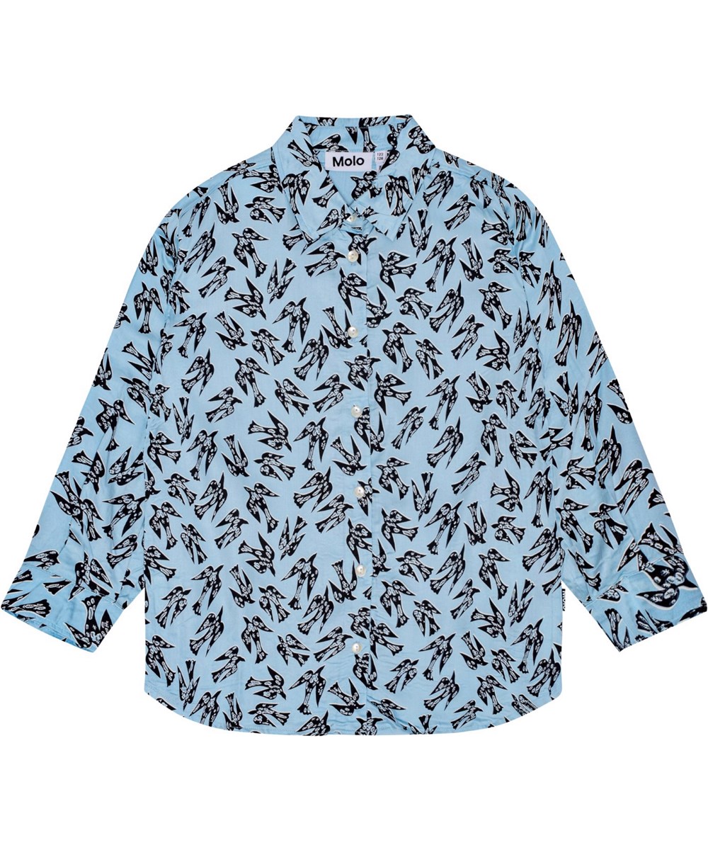 Rae - Blue Studio Birds - Soft, lightweight light blue shirt with blackbird print.