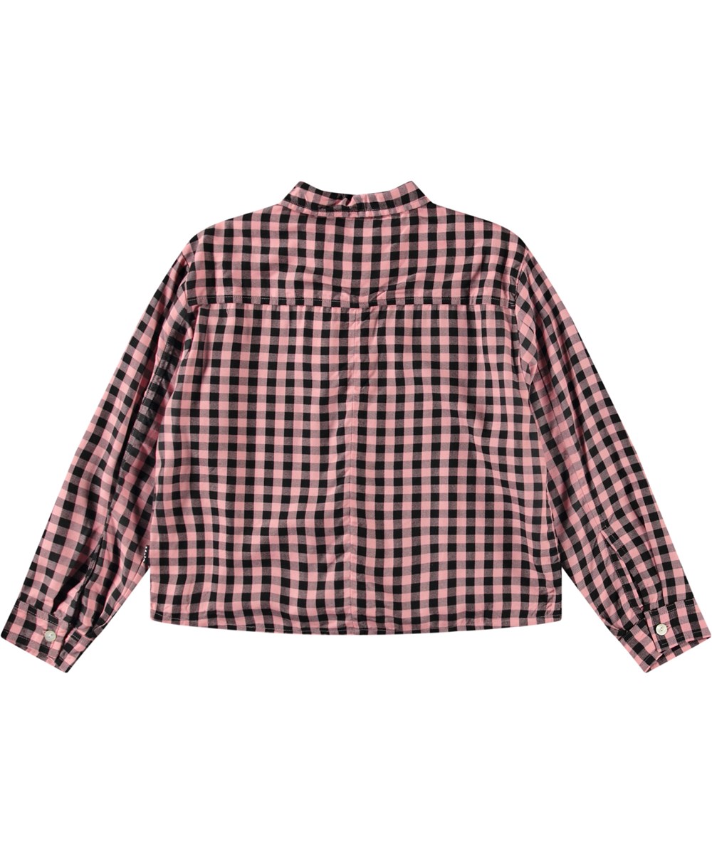 Rafa - Rose Ginham - Long-sleeved pink and black checked shirt for children in soft viscose with a tie knot at the front on the stomach.