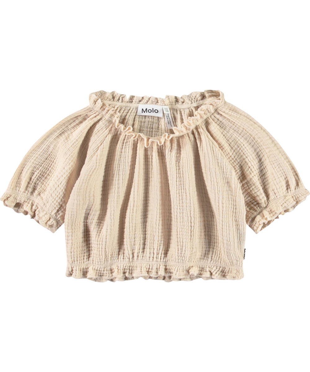 Rafaela - Brazilian Sand - Beige cropped t-shirt in soft organic waffle cotton with a round neck.
