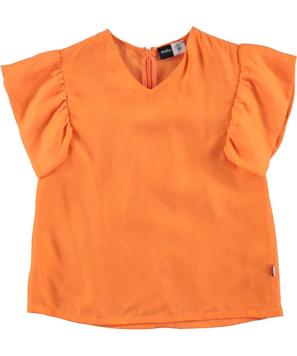 Ramsi - Bird Of Paradise - orange, cupro top with ruffle sleeves
