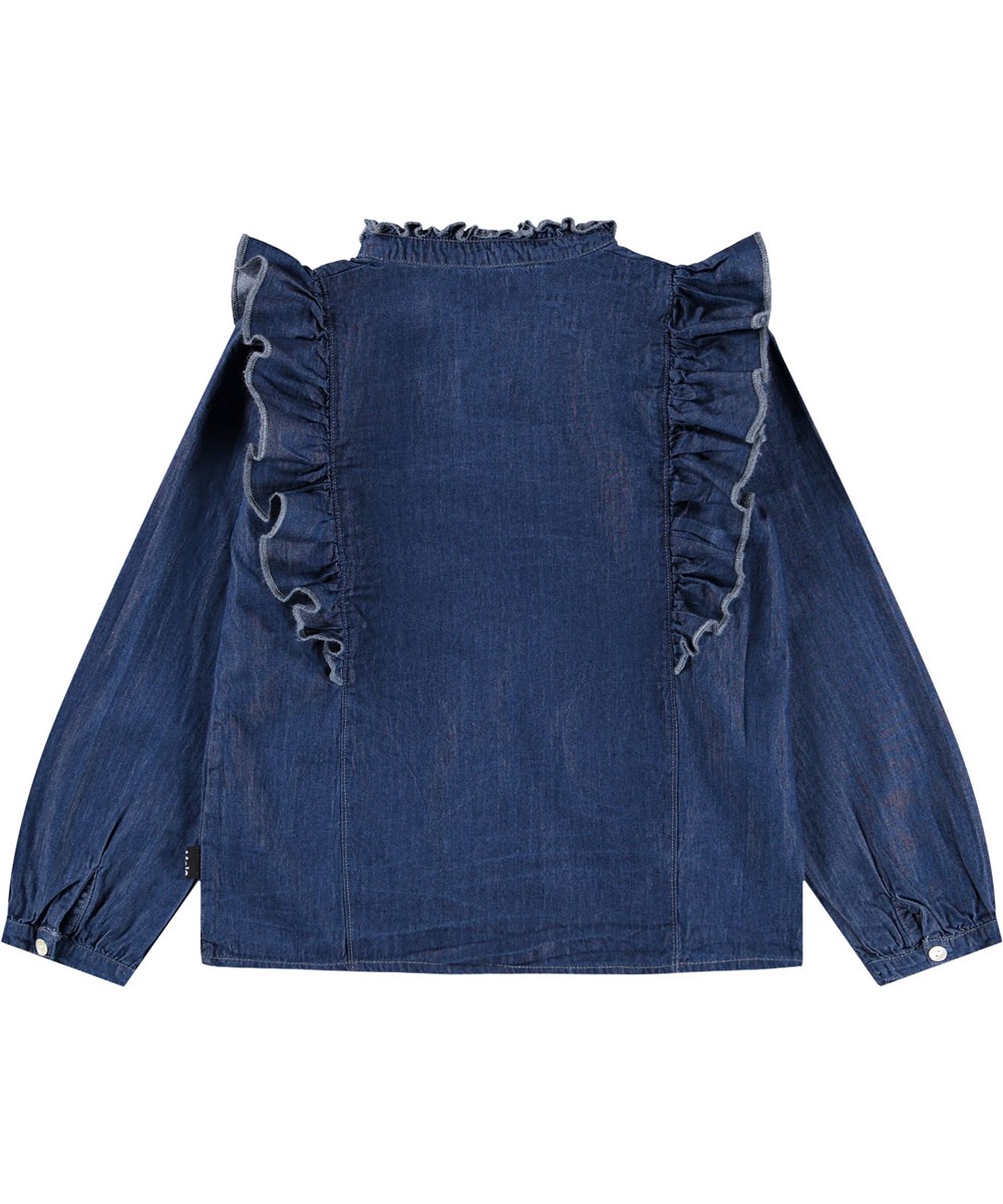 Raphaella - Washed Blue - Long-sleeved loose denim shirt for children made of organic cotton.