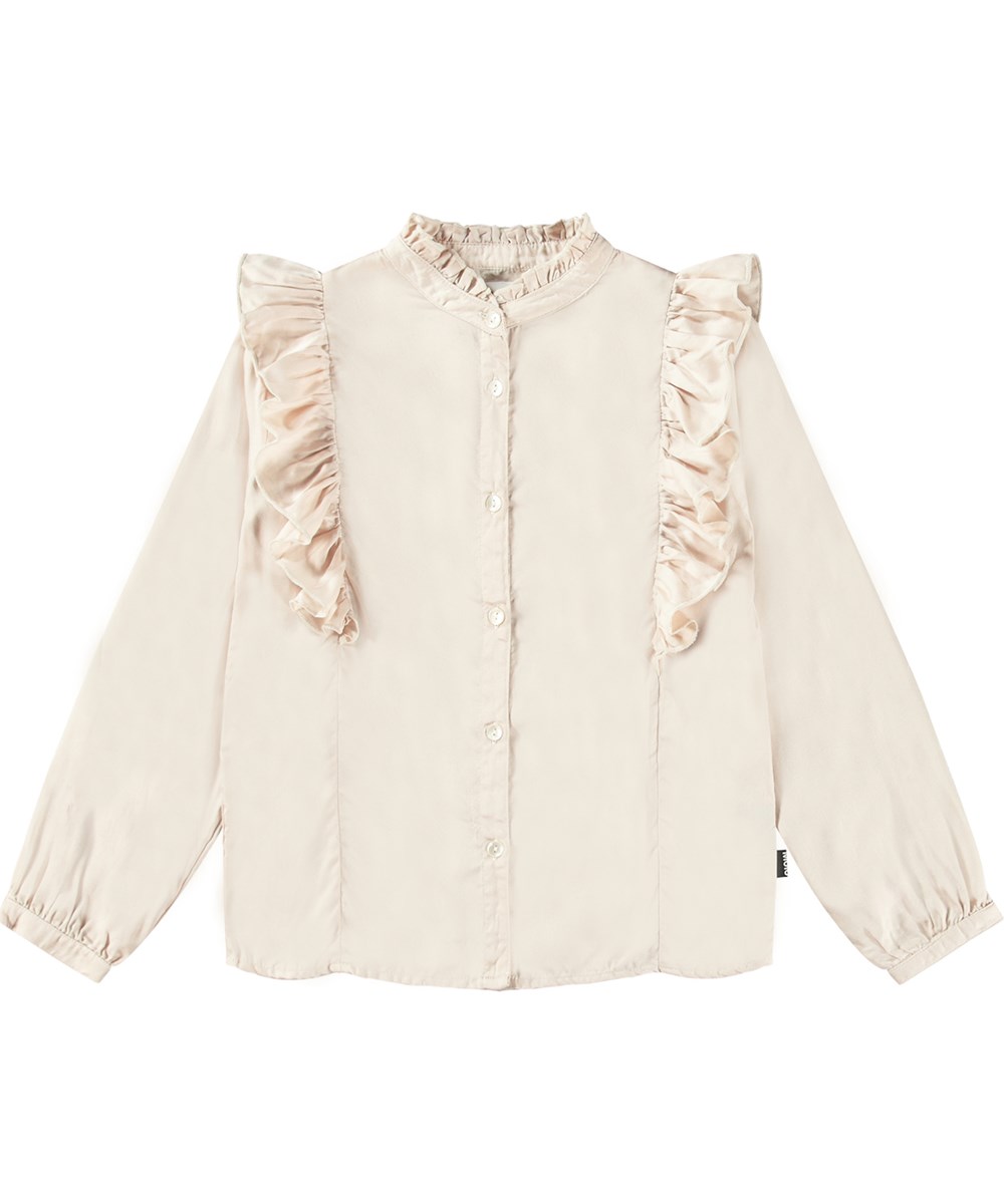 Raphaella - Whisper Pink - Soft powder-coloured long-sleeved shirt with elegant ruffle details.