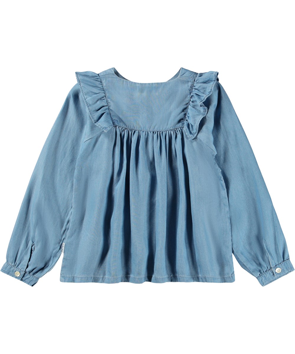 Rashida - Washed - Light blue denim shirt for children made of viscose with ruffles 