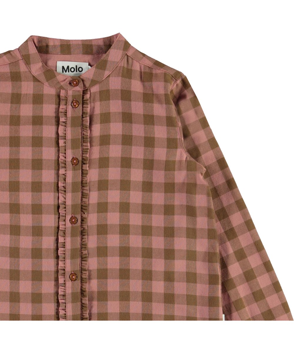 Reanna - Autumn Check - Pink and brown plaid shirt with ruffle 