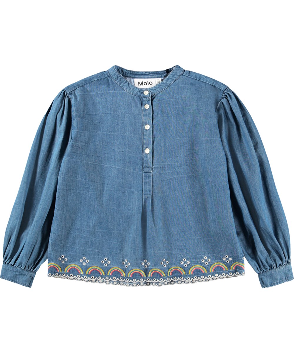 Reanna - Wonder Rainbow - Blue denim shirt for children made of organic cotton 