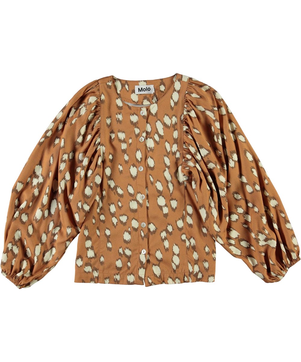 Rida - Graphic Deer - Brown shirt with white spots and puff sleeves 