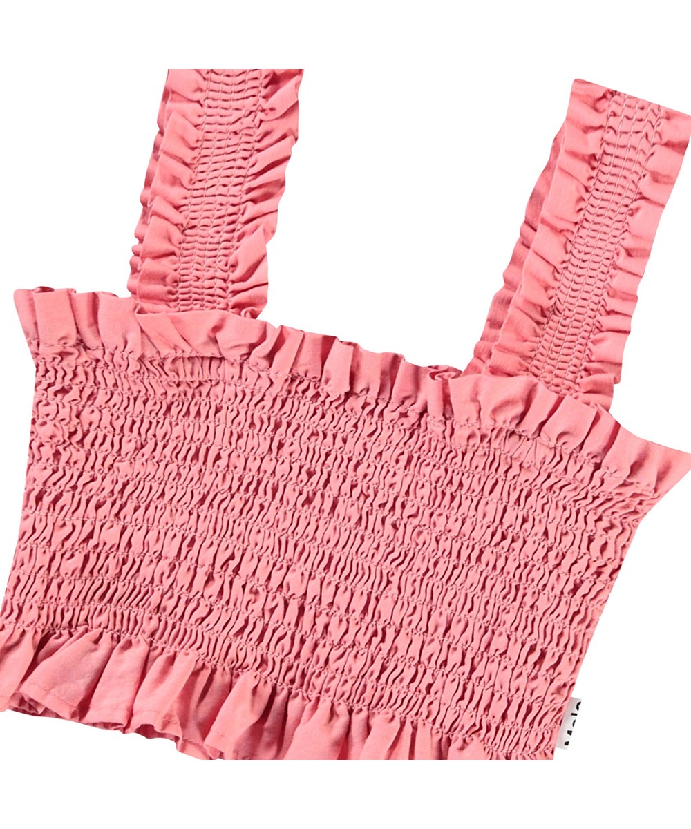 Rolfia - Vintage Rose - Pink cropped top in organic cotton with smock effect, ruffle edge, and wide straps.