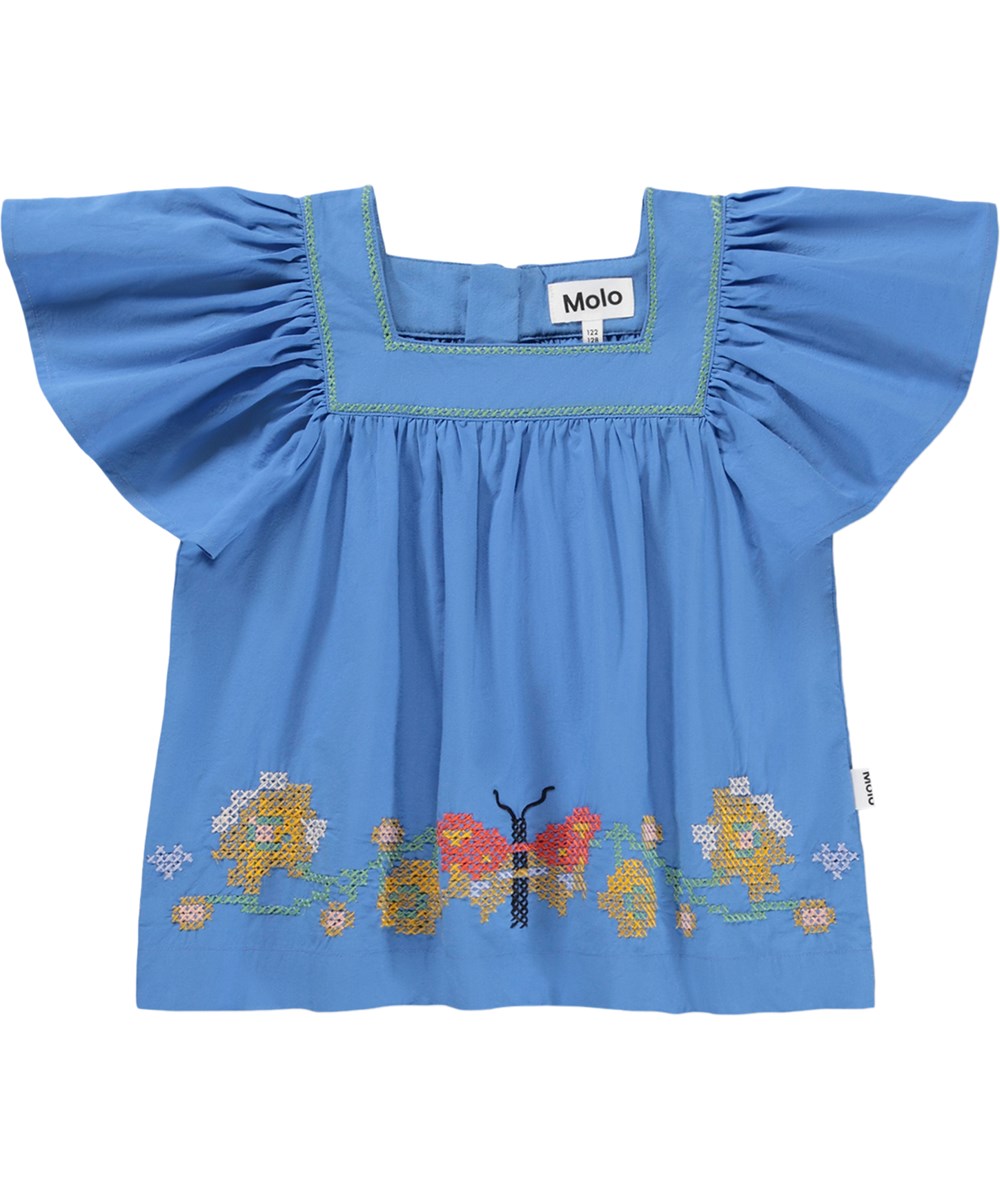 Rosalyn - Blue Flower - Blue cotton shirt for children