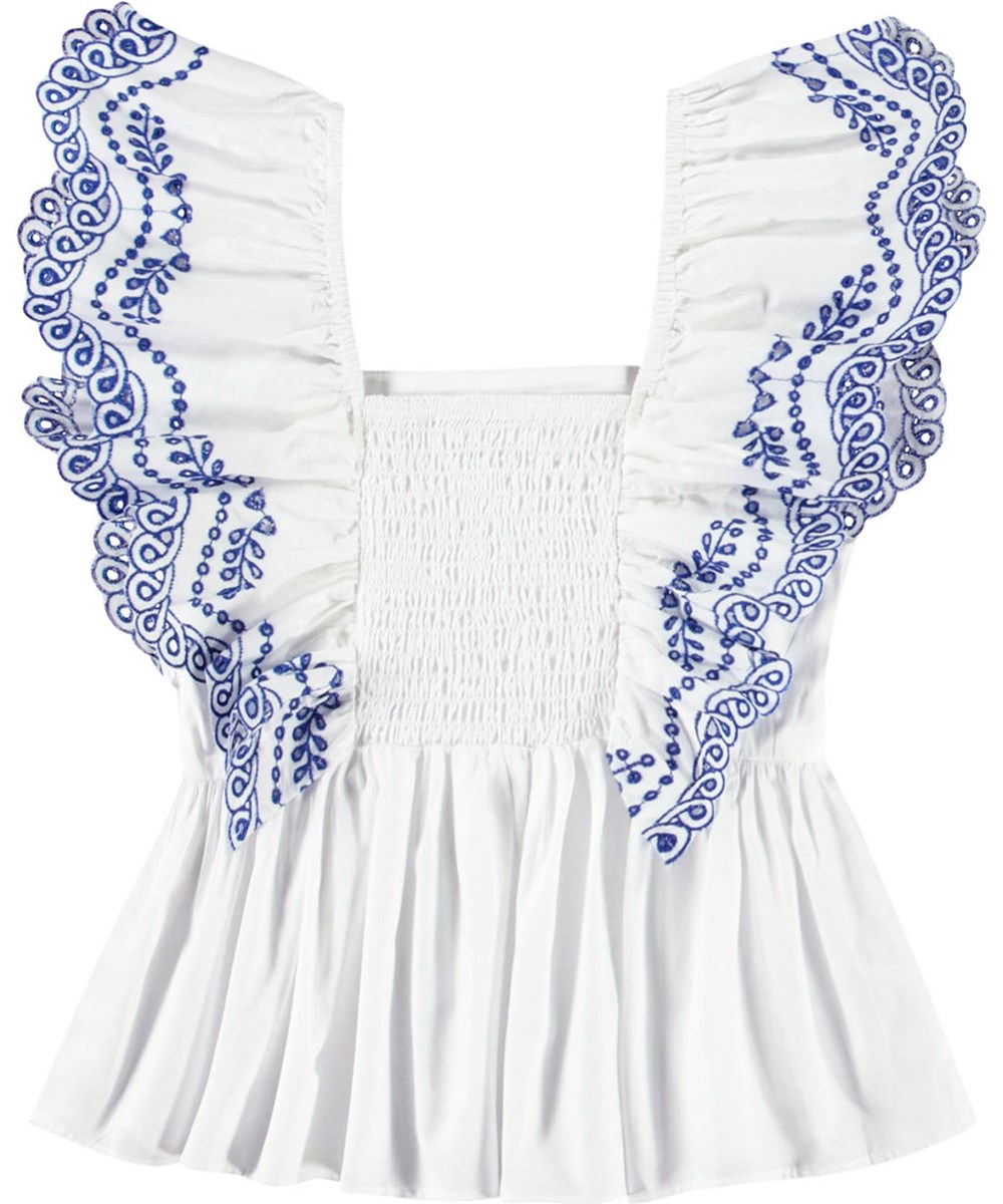Rosamond - Crisp White - White top for children in organic cotton with blue embroidery on the ruffle sleeves.