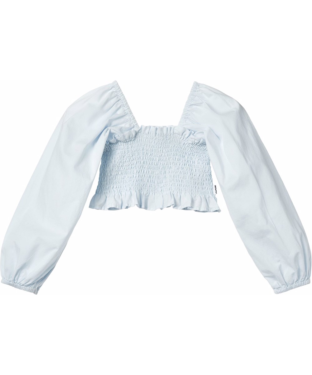 Rosemary - Skywriting - Light blue long-sleeved cropped blouse for children in soft cotton, with a smocked effect.