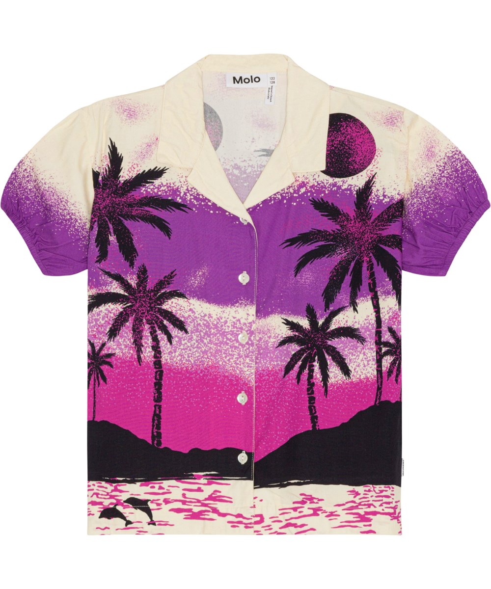 Roses - Twillight Island - Short sleeve shirt with a print of a desert island in shades of purple and pink 
