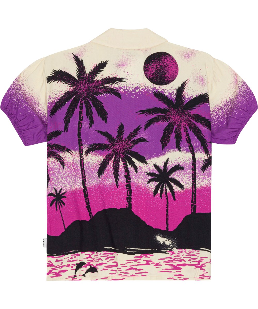 Roses - Twillight Island - Short sleeve shirt with a print of a desert island in shades of purple and pink 