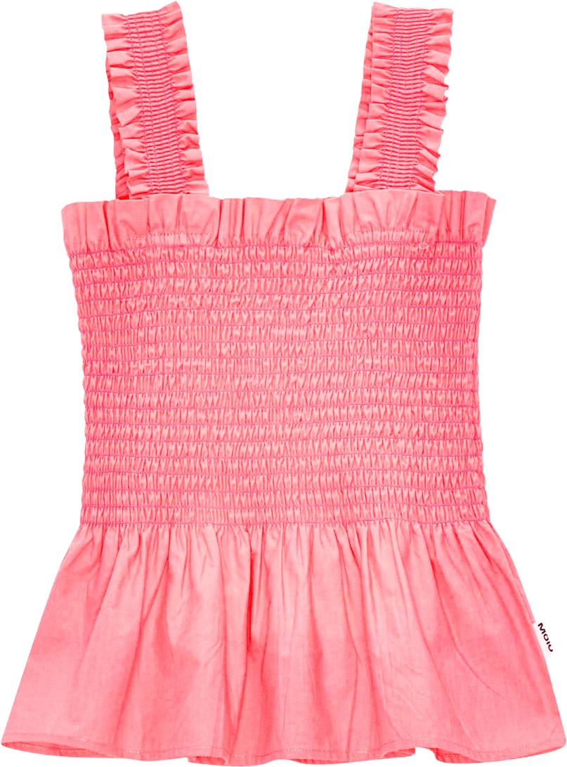 Rosine - Confetti - Coral coloured top in organic cotton with smocking 