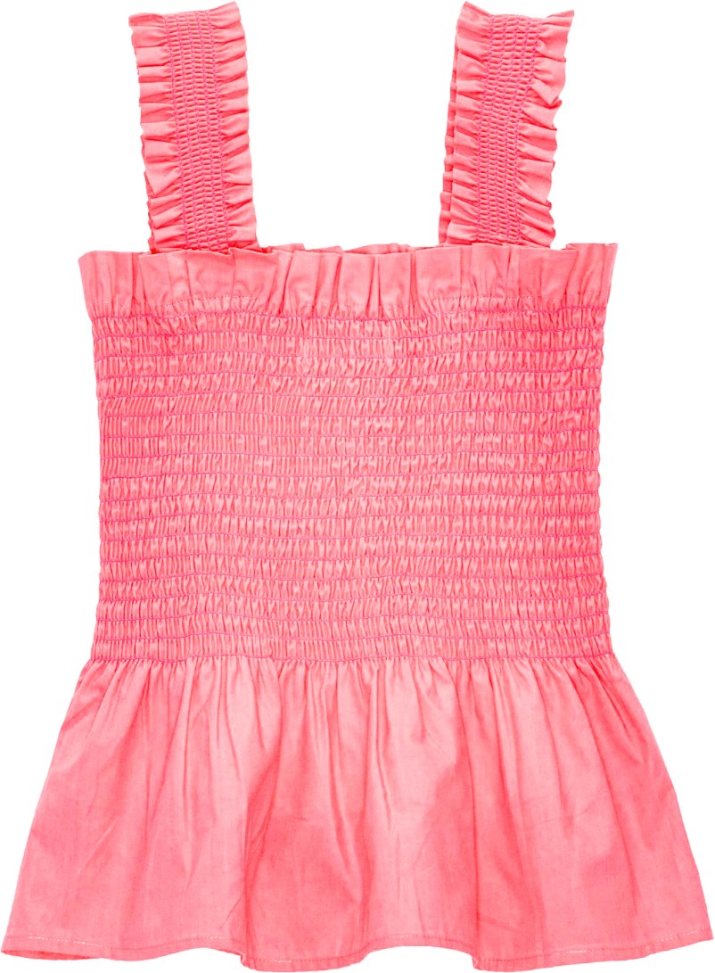 Rosine - Confetti - Coral coloured top in organic cotton with smocking 