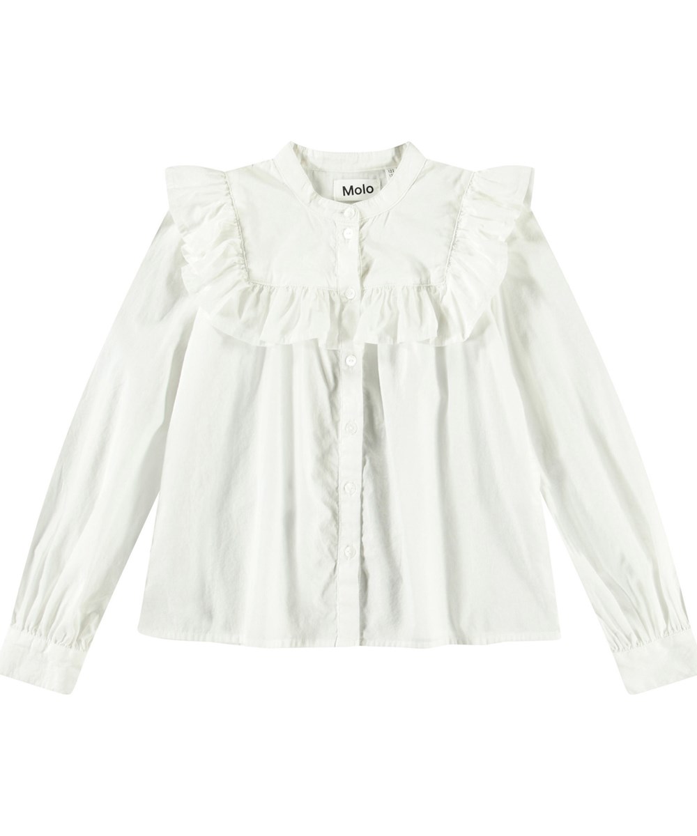 Rozetta - Crisp White - White shirt for children in organic cotton with mandarin collar and ruffle detail.