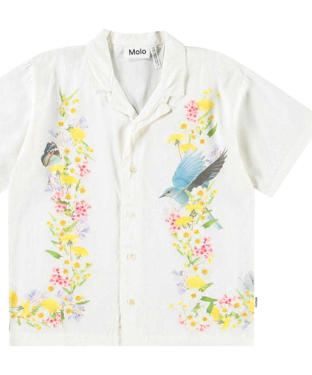 Rui - Picturesque - Short-sleeved oversized light green shirt for children in soft viscose with collar and buttons on the front.