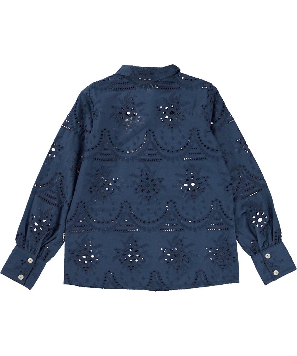 Runa - Navy Sky - Dark blue shirt with all over broderie anglaise