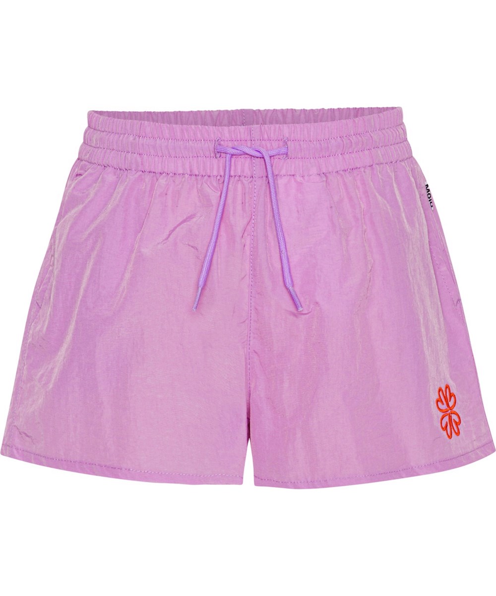 Addie - Alpine Glow - Sporty, purple nylon shorts with clover logo