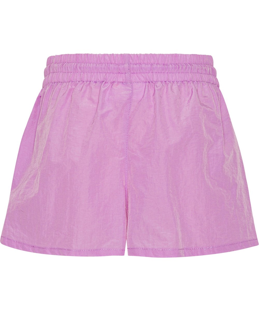 Addie - Alpine Glow - Sporty, purple nylon shorts with clover logo