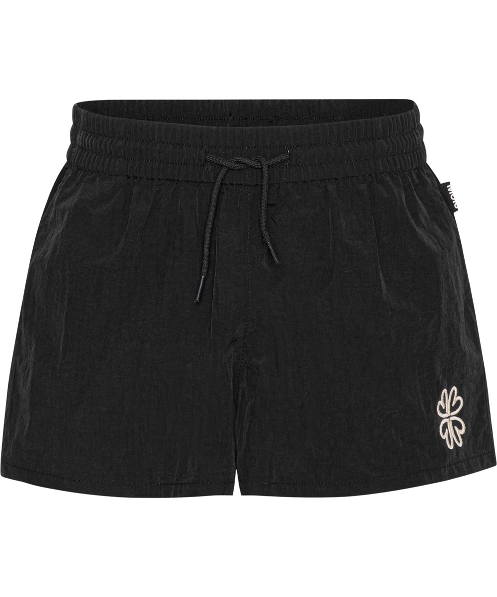 Addie - Black - Sporty, black nylon shorts with clover logo