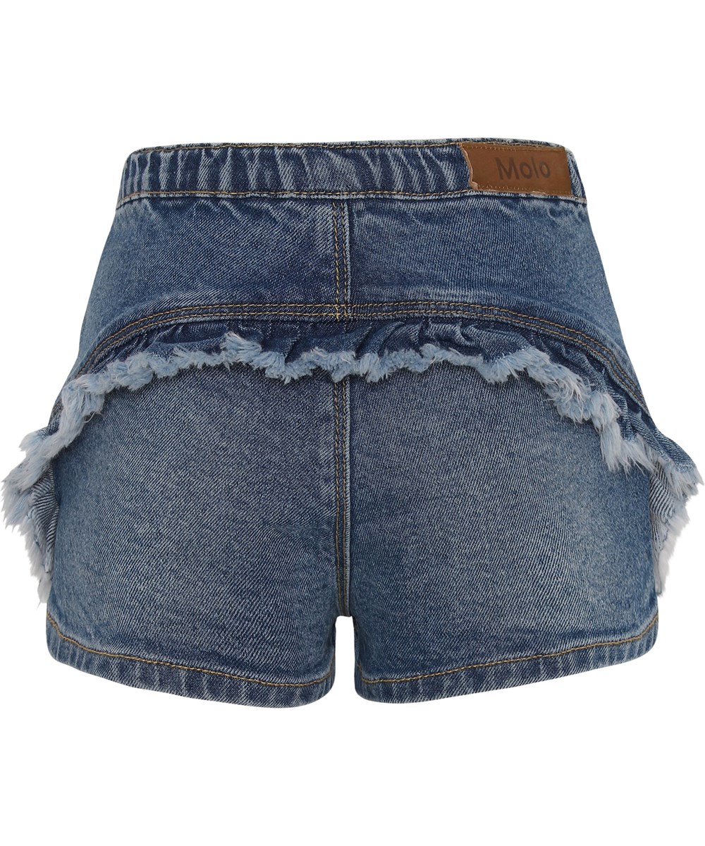 Agnetha - Retro Blue Denim - Blue denim shorts with fringe details