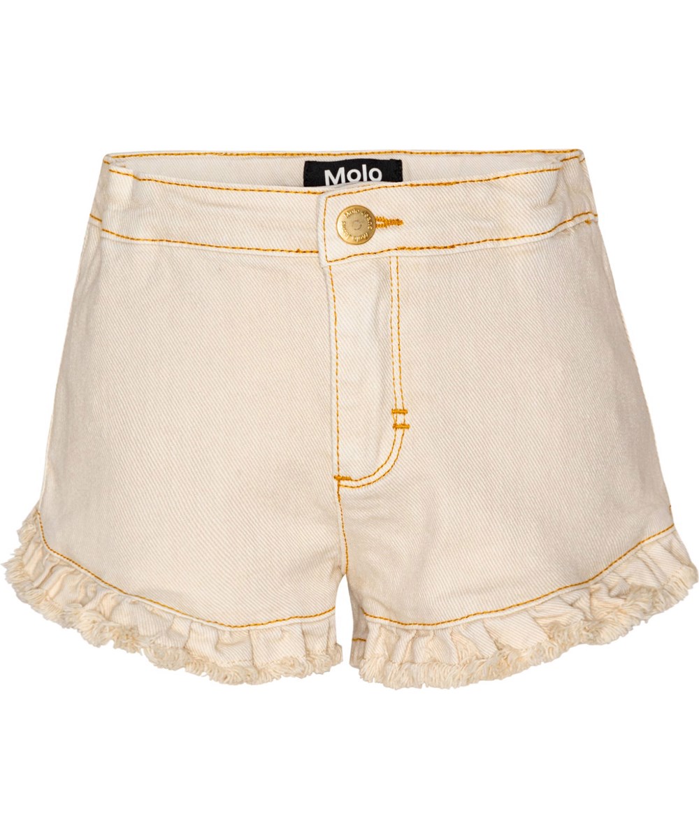 Agnetha - Summer Sand - Off-white denim shorts with ruffle detail