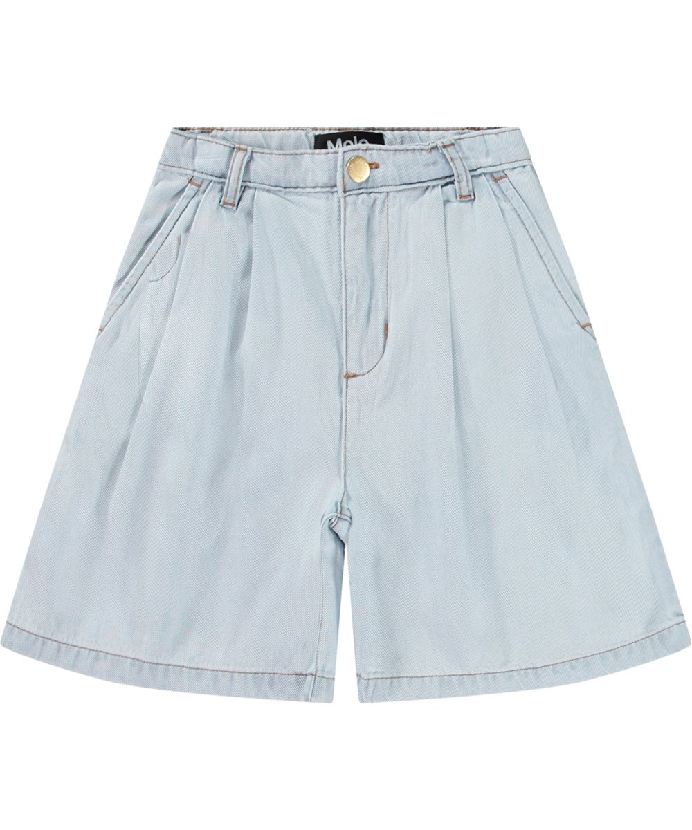 Alberte - Bleached Drapy - Wide light blue denim shorts for children.