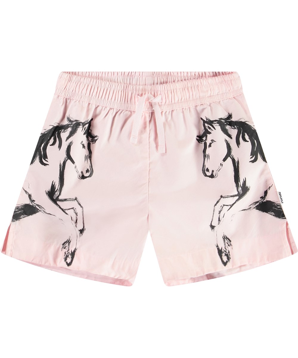 Alena - Pony Jump - Pink shorts in organic cotton poplin for children with a horse print.