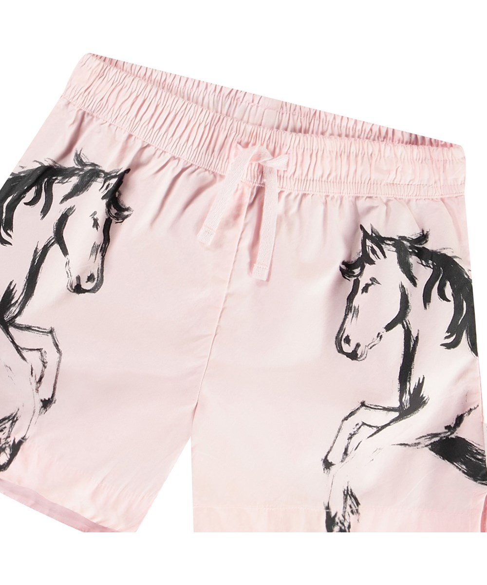Alena - Pony Jump - Pink shorts in organic cotton poplin for children with a horse print.