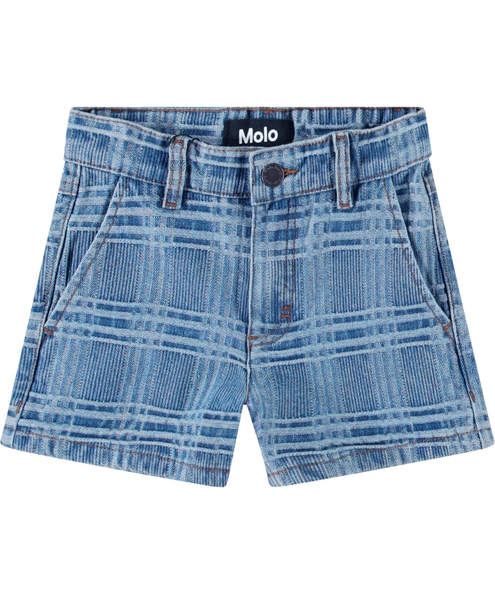 Alvira - Washed Check - Blue denim shorts with woven pattern for children.