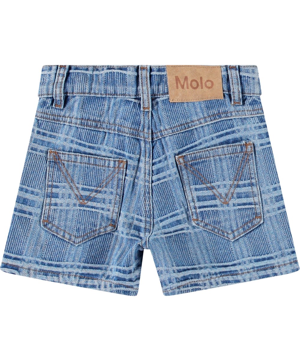 Alvira - Washed Check - Blue denim shorts with woven pattern for children.