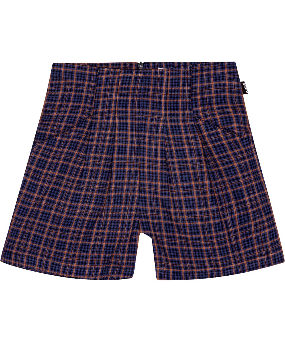 Alysie - Bluebrown Check - High-waisted brown and blue plaid shorts with front pockets.