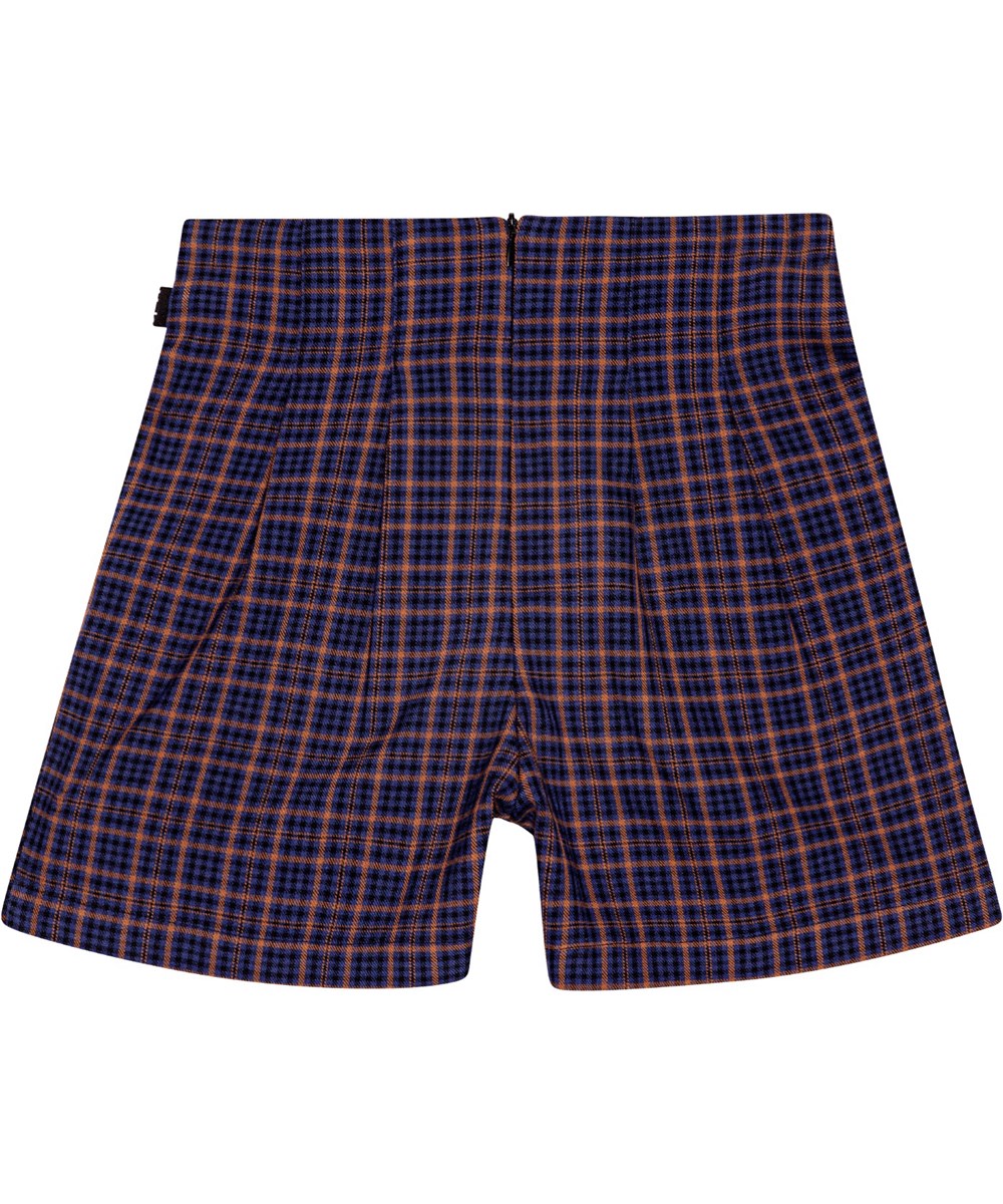 Alysie - Bluebrown Check - High-waisted brown and blue plaid shorts with front pockets.