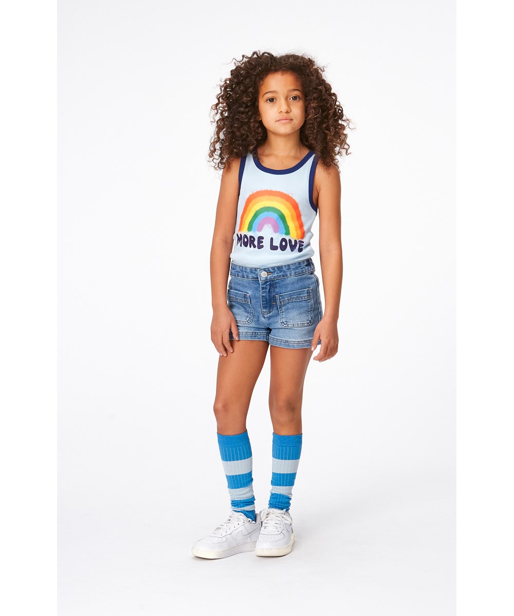 Amanda - Light Blue Denim - Blue denim short with patch pockets on the front