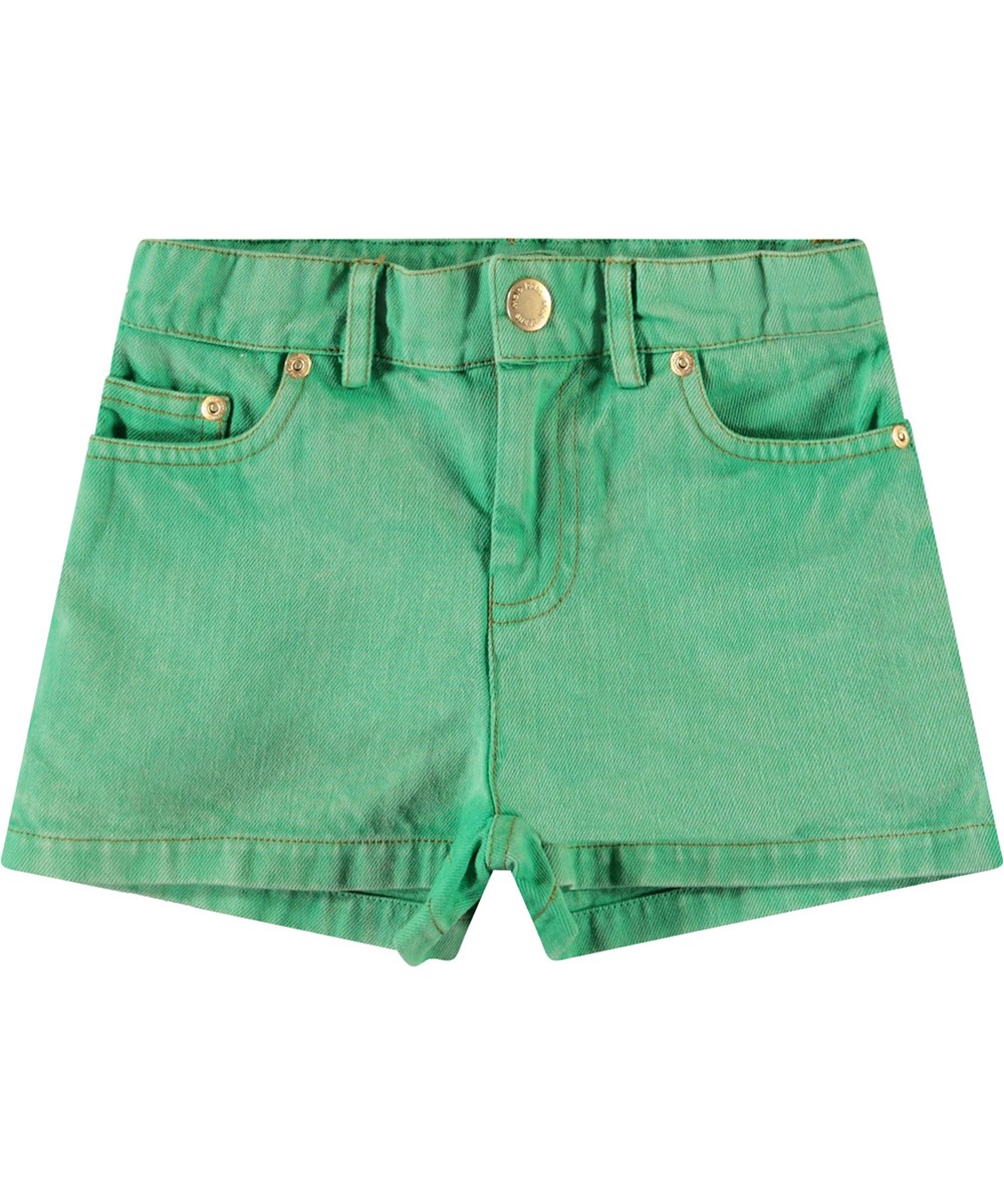 Amberly - Jungle Power - Green denim shorts in organic cotton for children.