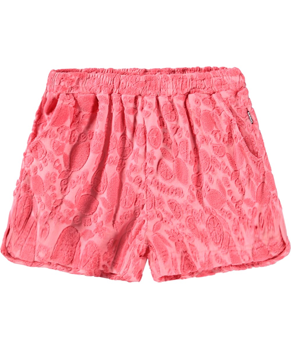Angela - Lemon Quotes - Pink shorts for children with a pattern of citrus fruits made of cotton terry.