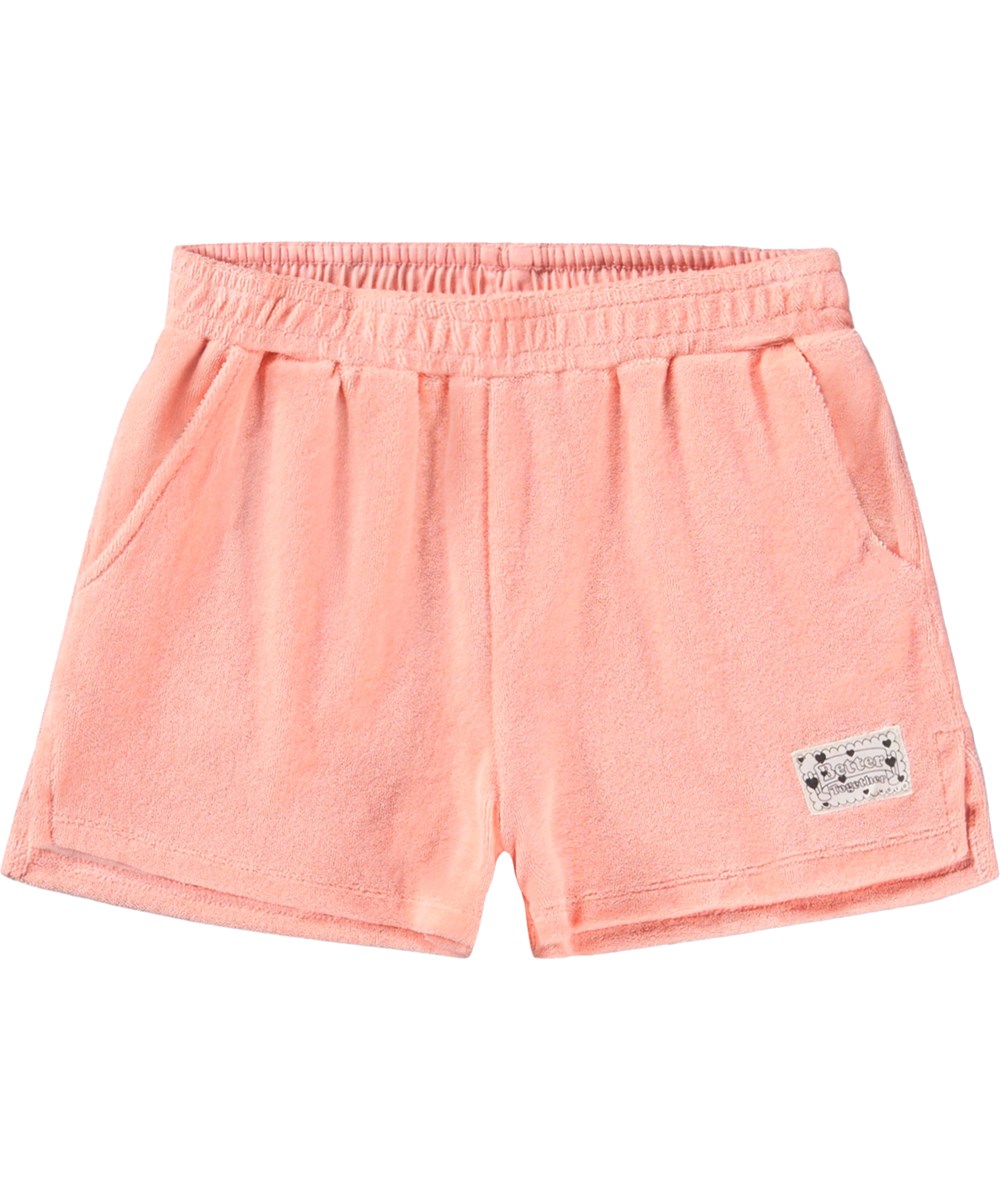 Angela - Peach Bud - Coral-coloured shorts for children made of organic cotton terry