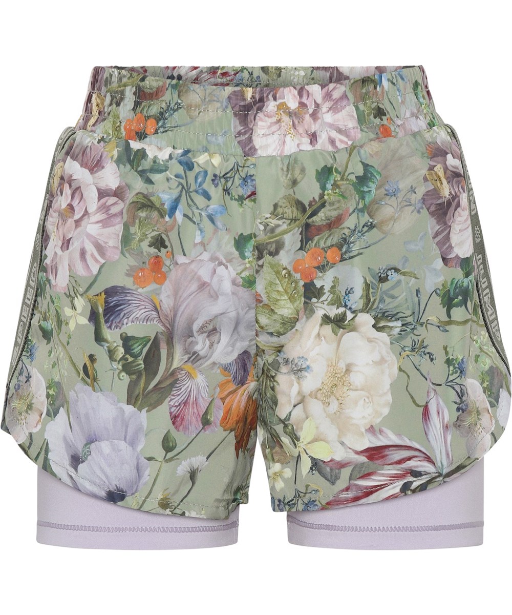Omari - Green Botanic - Sports shorts in light green and purple with flowers