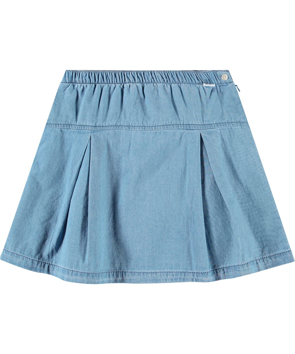 Babette - Sky Indigo - Blue tennis-inspired skirt in organic cotton chambray for children.