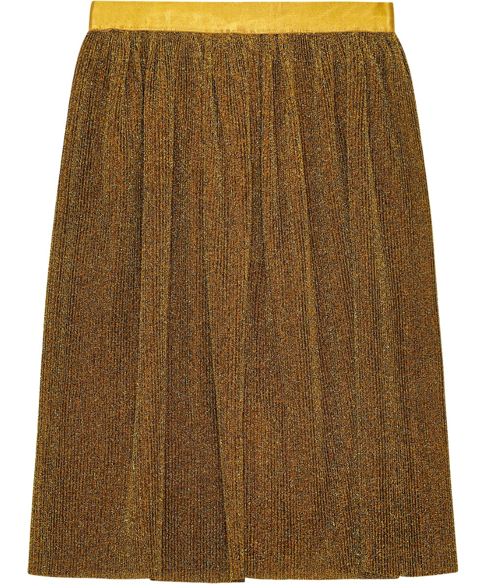 Bailini - Brilliance - Gold glitter pleated skirt with elastic waistband and mid-calf length.