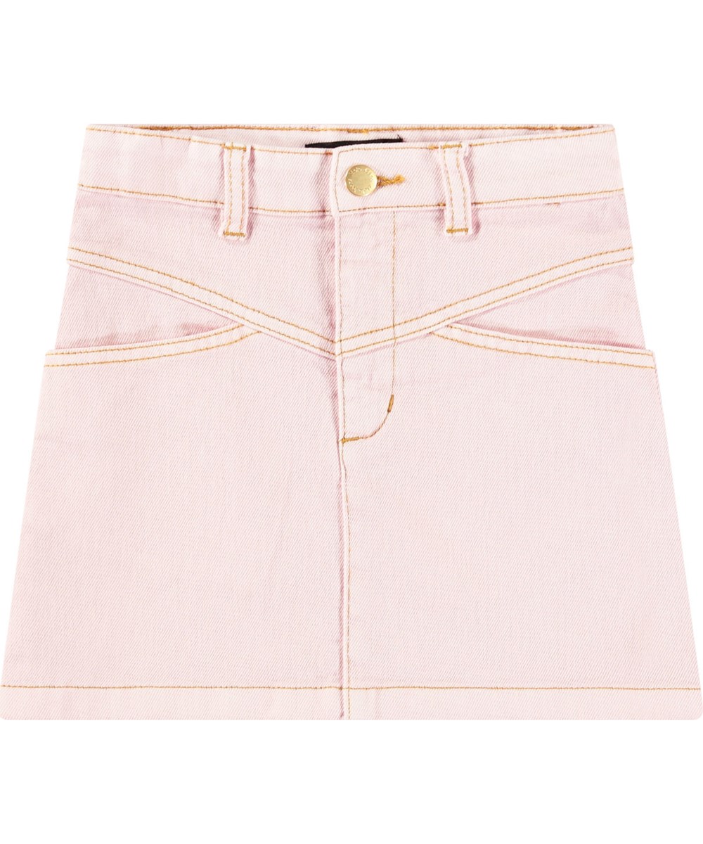 Baji - Charlotte Pink - Pink denim skirt with brown stitching for children.