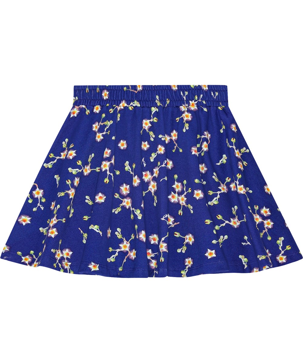 Barbera - Flowers Of The Sky - Comfortable blue organic cotton skirt with elastic waistband and all-over white flower print.
