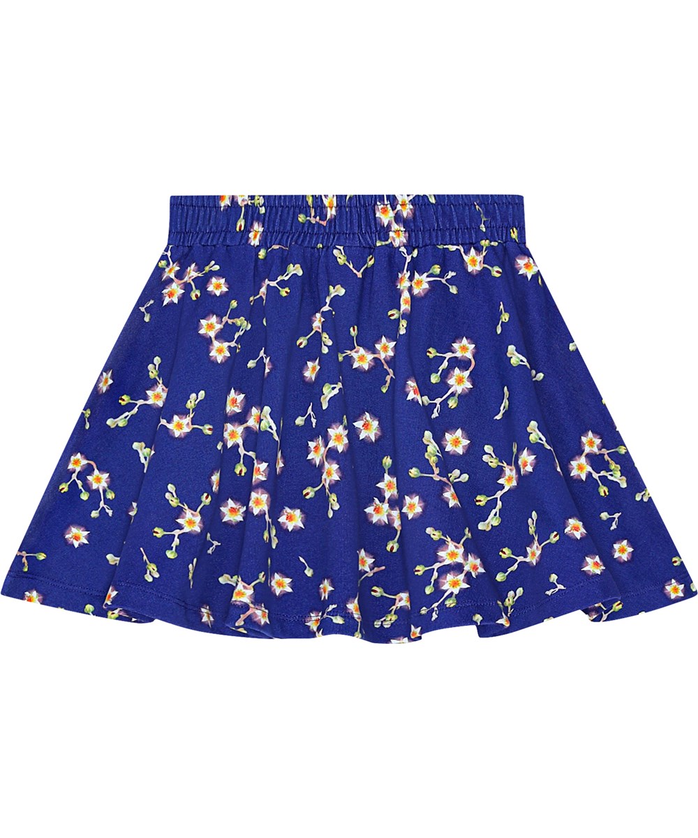 Barbera - Flowers Of The Sky - Comfortable blue organic cotton skirt with elastic waistband and all-over white flower print.