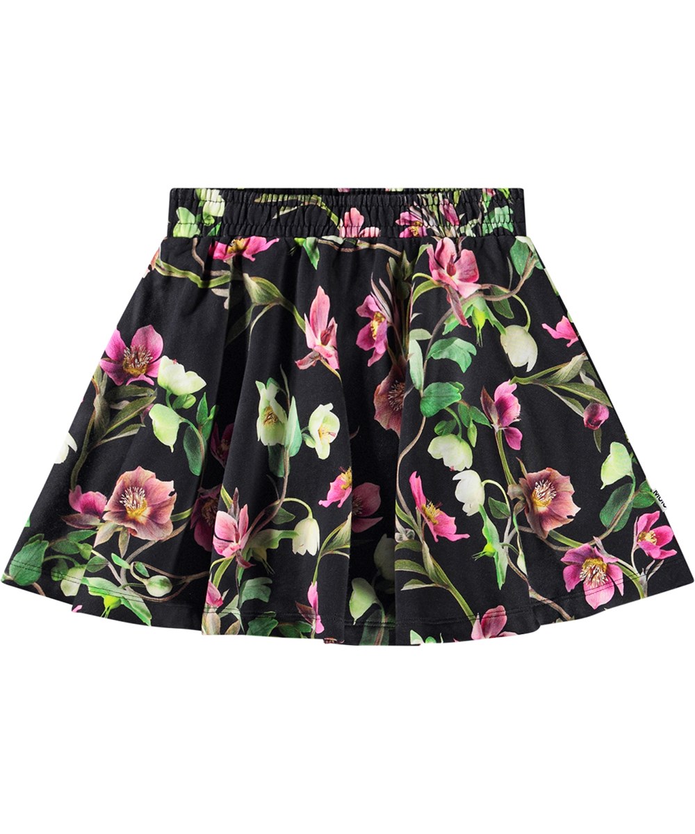 Barbera - Hellebore Black - Black organic cotton skirt with elastic waistband and flower print.