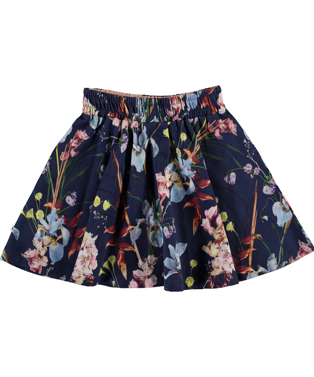 Barbera - Ikebana Blue - Dark blue organic skirt with flowers 