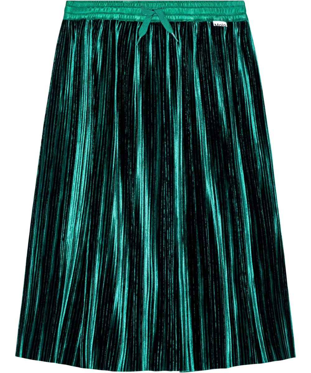 Becky - Aventurine - Soft green velvet pleated skirt with elastic waistband and tie.