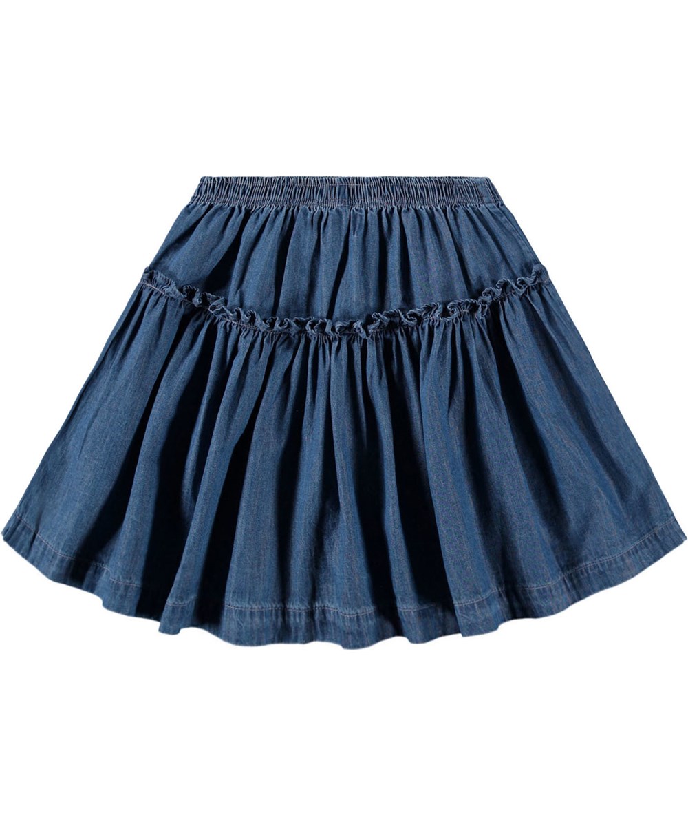 Bel - Washed Blue - Skirt for children made of organic cotton chambray with ruffle edge.